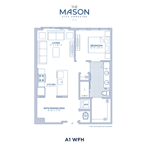 Floor plan for 1 bed, 1 bath, 717 sqft